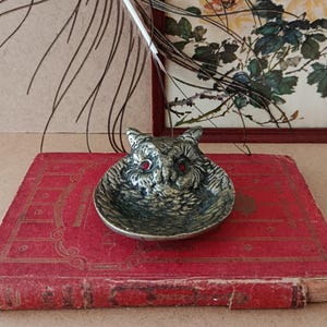 Puede incluir: Un pequeño plato plateado con forma de búho y ojos rojos descansa sobre un libro rojo vintage. El plato de búho tiene un diseño detallado. Una pluma de pavo real y una impresión floral enmarcada están en el fondo.