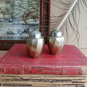 Pode incluir: Dois saleiros e pimenteiros vintage de latão com tampas prateadas. Os saleiros e pimenteiros têm um design facetado e estão sobre um livro vermelho desgastado. O fundo inclui uma paisagem emoldurada e uma pena decorativa.