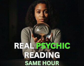May include: A woman holding a clear crystal ball, with the text "REAL PSYCHIC READING SAME HOUR" in white and green. The image has a dark background, and the woman is wearing a gray sweater.
