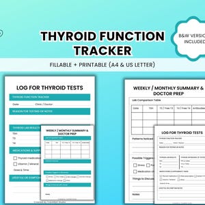 May include: Printable thyroid function tracker with fillable fields. Includes a log for thyroid tests and a weekly/monthly summary for doctor prep. The design is in shades of white and teal, with the text "THYROID FUNCTION TRACKER".