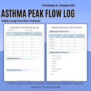 Pode incluir: PDF imprimível intitulado "Asthma Peak Flow Log" para rastrear a função pulmonar. Inclui seções para registro diário e semanal de fluxos máximos, com espaços para registrar leituras, sintomas e observações. Design azul e branco.