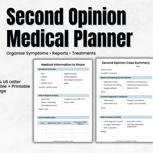 Puede incluir: Un planificador médico imprimible titulado "Second Opinion Medical Planner" con el texto "Organizar Síntomas • Informes • Tratamientos". El planificador incluye formularios para información médica, resúmenes de casos y seguimiento de medicamentos. Disponible en tamaños A4 y US Letter.