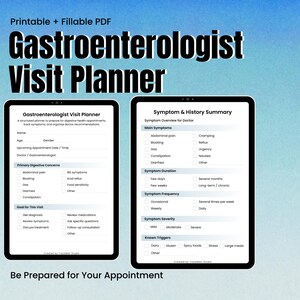 May include: Two digital tablets displaying a "Gastroenterologist Visit Planner" and a "Symptom & History Summary" on a gradient blue background. The text "Printable + Fillable PDF" and "Be Prepared for Your Appointment" are also visible.
