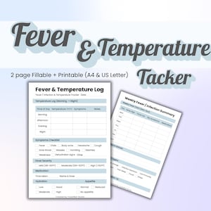 Può includere: Un tracker stampabile per febbre e temperatura con il testo "Fever & Temperature". Il tracker include un registro per la registrazione della temperatura, dei sintomi e dei farmaci e una tabella di riepilogo settimanale.
