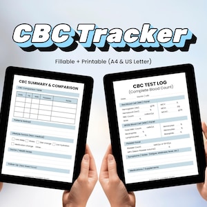 May include: Two tablets displaying a CBC Tracker. The top text reads "CBC Tracker" in a blue and white font. The tablets show fillable and printable forms for blood test results, including a CBC summary and comparison, and a CBC test log.