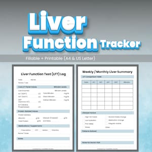 Könnte beinhalten: Ein druckbarer Leberfunktionstracker mit blau-weißem Titel. Das Dokument enthält Abschnitte für Leberfunktionstestprotokolle, wöchentliche und monatliche Zusammenfassungen sowie Lifestyle-Faktoren. Es ist für A4- und US-Letter-Papier konzipiert.