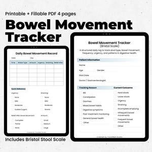 Bowel Movement Tracker Printable, Bristol Stool Scale Log, IBS Poop Tracker, Constipation Journal, Fillable PDF