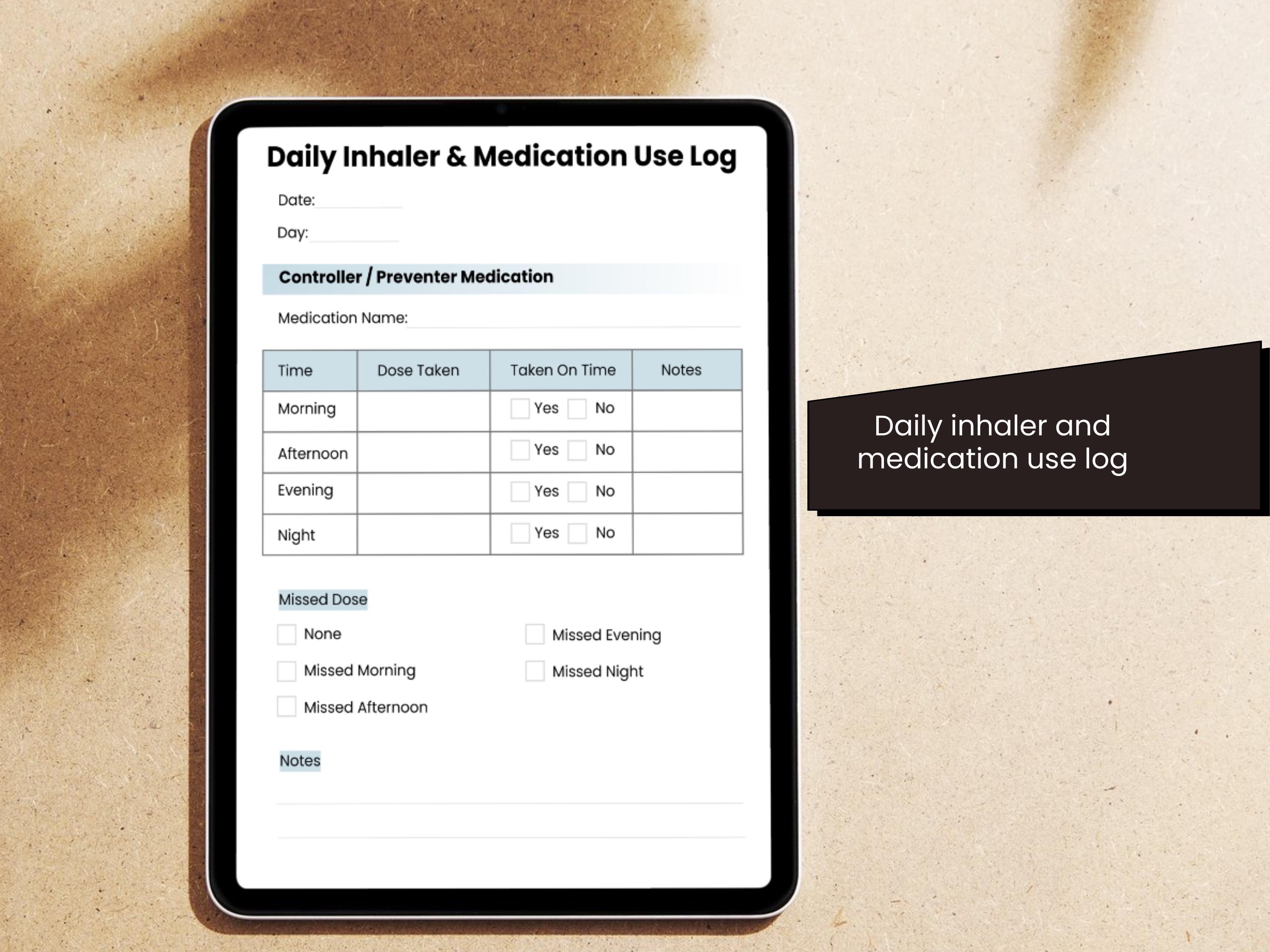 Asthma Inhaler Use Log Printable Medication Tracker Rescue Inhaler ...