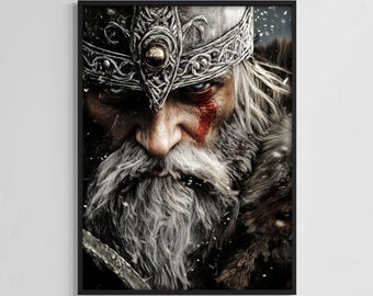 Póster de guerrero vikingo, descarga digital, arte de guerrero nórdico, póster de mitología nórdica, estética oscura, impresión digital nórdica, decoración para sala de juegos