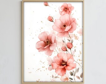 Pink and Gold Flowers Wall Art, Soft Floral Print, Botanical Art Decor, Feminine Digital Poster, Floral Digital Print, Digital Print