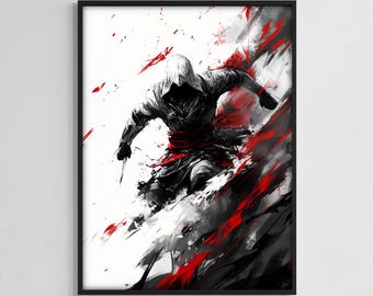 Assassin Red Black and White Art Print, Assassin Digital Download, Dark Minimalist Assassin Poster, Gamer Room Decor, Gaming Wall Art