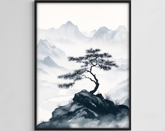 Japanese Minimalist Tree on Mountain, Digital Print, Light Blue Wall Art, Calm Zen Digital Print