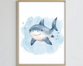 Lámina decorativa de tiburón en acuarela, descarga digital de animales marinos, decoración costera para habitación infantil, póster de vida marina, ilustraciones de tiburones para niños