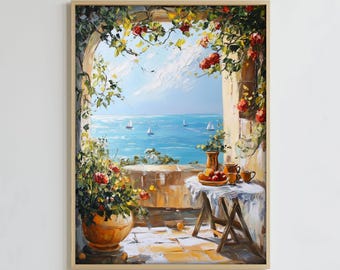 Arte costero mediterráneo, impresión digital, ventana al mar (impresión digital), decoración estilo pintura al óleo del océano azul
