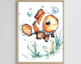 Baby Clown Fish Watercolor Print, Digital Download, Ocean Nursery Wall Art, Cute Fish Print, Kids Room Poster Art