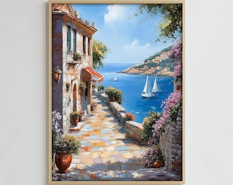 Arte costero mediterráneo, impresión digital griega, impresión digital del mar italiano, decoración estilo pintura al óleo del océano azul