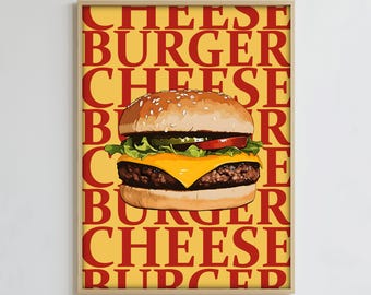 Impressão digital de cheeseburger americano, arte de parede de comida, comida retrô, impressão de cozinha, comida vintage, impressão de café