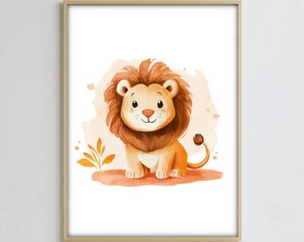 Watercolor Lion Wall Art Print, Safari Animal Digital Download, Jungle Nursery Decor, Neutral Wildlife Poster, Lion Artwork for Kids