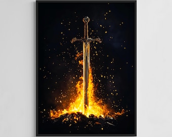 Souls Bonfire Gaming Poster Digital Wall Art Print, Dark Poster, Gaming Print, Retro, Video Game, Minimalist, Sword