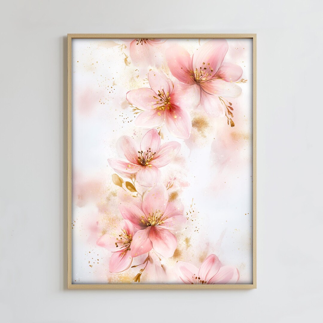 Pink and Gold Flowers Wall Art, Soft Colors Floral Print, Botanical Art ...