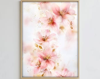 Pink and Gold Flowers Wall Art, Soft Colors Floral Print, Botanical Art, Feminine Digital Poster, Floral Digital Print, Digital Print