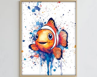 Clown Fish Watercolor Print, Digital Download, Ocean Nursery Wall Art, Cute Fish Print, Kids Room Poster Art