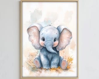 Baby Elephant Water color Wall Art Print, Animal Digital Download, Nursery Decor, Animal Poster, Artwork for Kids