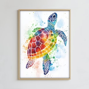 Puede incluir: Pintura a la acuarela de una tortuga marina enmarcada. El caparazón de la tortuga es una vibrante mezcla de rojo, naranja, amarillo, verde y morado. El fondo presenta salpicaduras de acuarela coloridas, creando una sensación animada y artística.