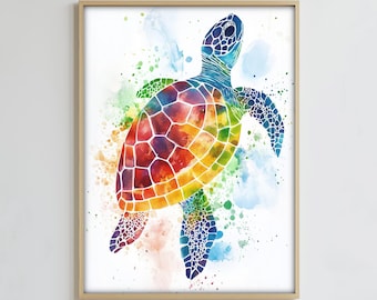 Watercolor Sea Turtle Wall Art Print, Ocean Animal Digital Download, Coastal Beach Decor, Sea Life Nursery Art, Watercolor Turtle Poster