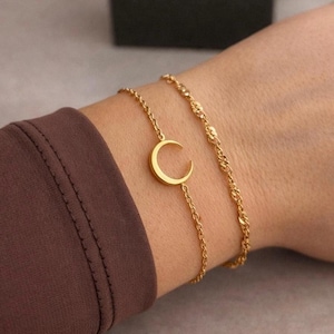 Dainty Gold Bracelet Set, Moon Charm Bracelet, Delicate Gold Bracelet Stack, Moon Bracelet Gift For Her