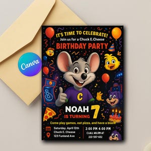 May include: A birthday party invitation featuring Chuck E. Cheese. The invitation has a black background with colorful graphics, including balloons, pizza, and a cake. The text reads "It's Time to Celebrate!" and "Birthday Party."