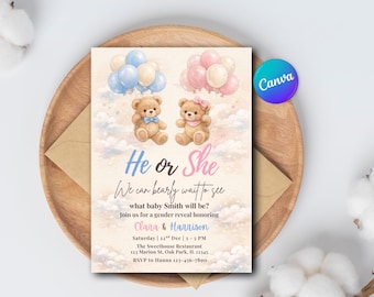 Teddy Bear Gender Reveal Invitation | He or She Bear Baby Shower Invite | Neutral Pink Blue Gender Reveal Printable Invite
