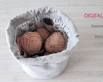 DIY Drawstring Bag, PDF Sewing Pattern, Sewing Tutorial, Knitting Bag Pattern, knitting project bag, Instant Download,  fabric basket