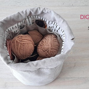 DIY Drawstring Bag, PDF Sewing Pattern, Sewing Tutorial, Knitting Bag Pattern, knitting project bag, Instant Download,  fabric basket