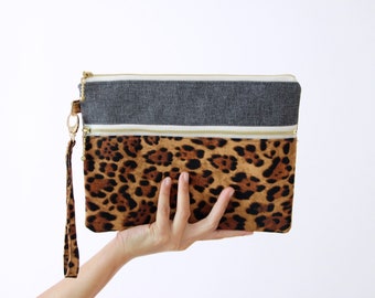 Leopard print wristlet clutch, zippered pouch, zippered clutch, clutch bag, handbag