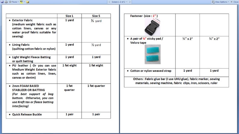 May include: A table with a list of materials and their quantities needed for a sewing project. The materials include fabric, batting, a fastener, and a sticky pad. The table also includes the size of the project, either large or small.