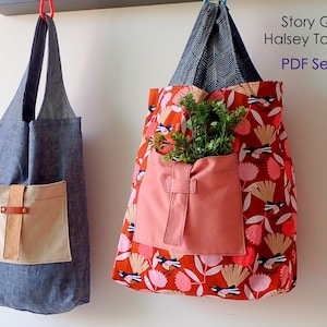 Easy tote bag PDF pattern (optional pocket), 2 sizes, beginner friendly,  instant download,sewing tutorial, project bag, grocery bag
