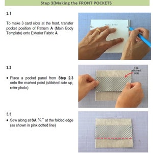 May include: A step-by-step guide on how to make front pockets for a sewing project. The image shows three steps: 1) transferring the pocket position onto fabric, 2) placing a pocket panel onto the marked point, and 3) sewing along the folded edge. The text "Top stitched side" is written on the image.