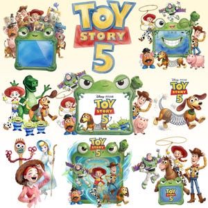 May include: A collection of Toy Story 5 themed illustrations featuring characters like Woody, Buzz Lightyear, Jessie, Slinky Dog, Mr. Potato Head, and Rex. The designs include green frog-shaped frames, blue and yellow text, and various action poses.