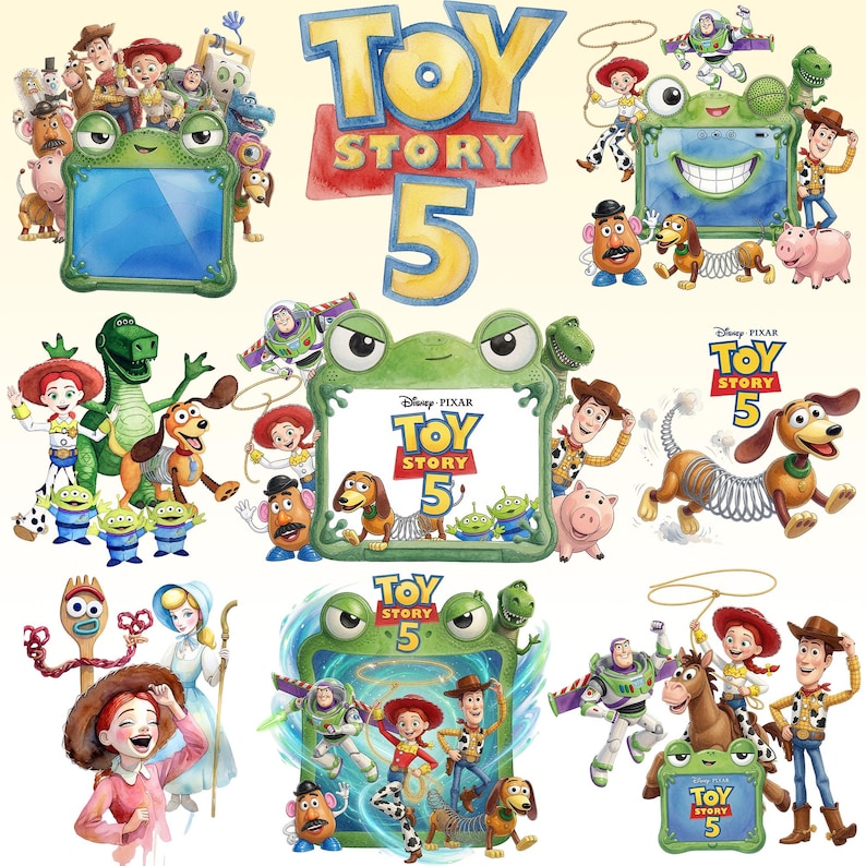 May include: A collection of Toy Story 5 themed illustrations featuring characters like Woody, Buzz Lightyear, Jessie, Slinky Dog, Mr. Potato Head, and Rex. The designs include green frog-shaped frames, blue and yellow text, and various action poses.