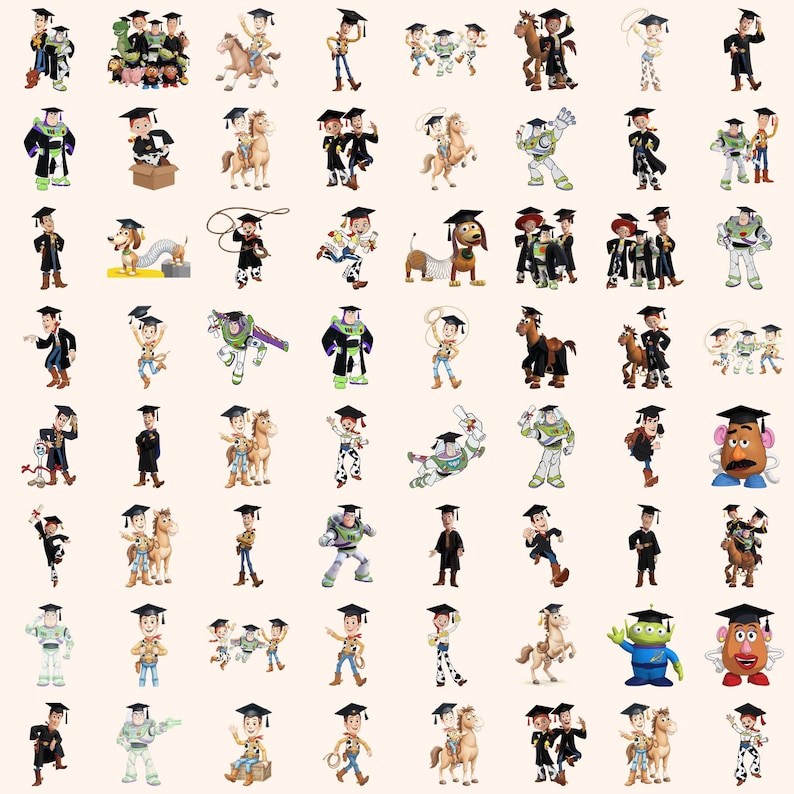 May include: A collection of digital illustrations featuring various animated characters from the Toy Story franchise, each wearing a black graduation cap. The characters include cowboys, space rangers, a potato figure, and a dog, all in various poses.