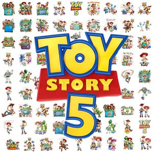 May include: A large central Toy Story 5 logo in yellow and blue with a red background, surrounded by a grid of numerous small, colorful illustrations featuring various animated characters from the Toy Story franchise in diverse action poses.