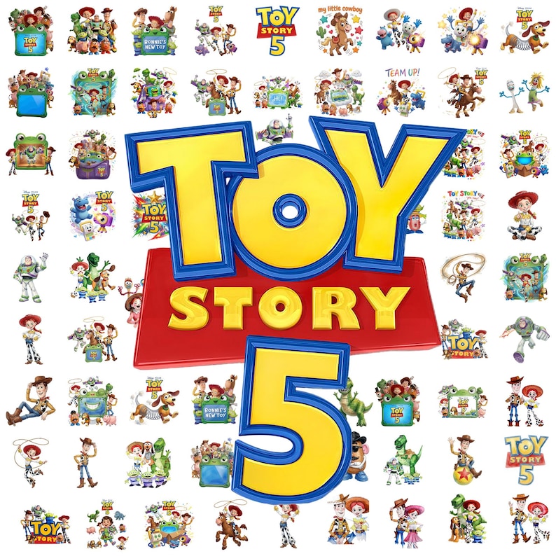 May include: A large central Toy Story 5 logo in yellow and blue with a red background, surrounded by a grid of numerous small, colorful illustrations featuring various animated characters from the Toy Story franchise in diverse action poses.