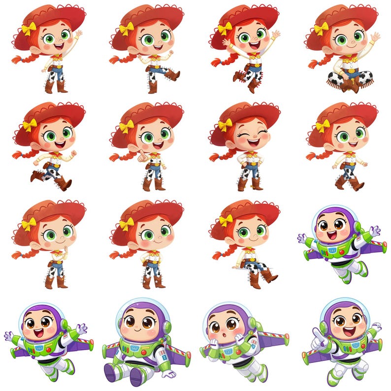 May include: A collection of cartoon character illustrations featuring a red-haired cowgirl in a yellow-trimmed hat and cow-print pants, and a space ranger in a white, green, and purple suit with a clear helmet, shown in various poses and expressions.