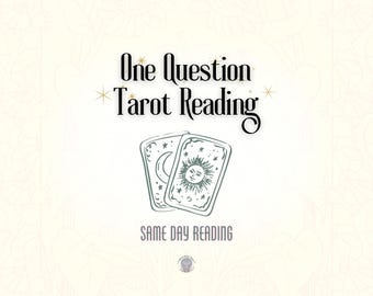 May include: An image with the text "One Question Tarot Reading" and "Same Day Reading". Two tarot cards are displayed, one with a sun and the other with a moon and stars. The background is a light beige with floral patterns.