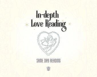 Puede incluir: Imagen de fondo crema con el texto "In-depth Love Reading" en una fuente decorativa. Una ilustración en forma de corazón de un ángel tocando una trompeta está debajo. Las palabras "Same Day Reading" están en la parte inferior.
