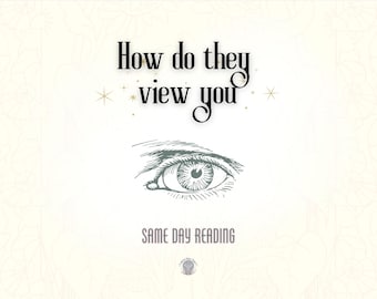 Puede incluir: Gráfico color crema con el texto "How do they view you" sobre una ilustración detallada de un ojo. Debajo, el texto "SAME DAY READING" se muestra en una fuente estilizada, sugiriendo un servicio de lectura psíquica.