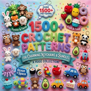 May include: A collection of colorful crochet keychain patterns featuring animals, food, and vehicles. The text reads 1500+ CROCHET PATTERNS FOR CHARMING KEYCHAINS & BUNDLES, A HUGE COLLECTION, FOREST & FARM, FRUIT & FOOD, and OCEAN & SPACE.