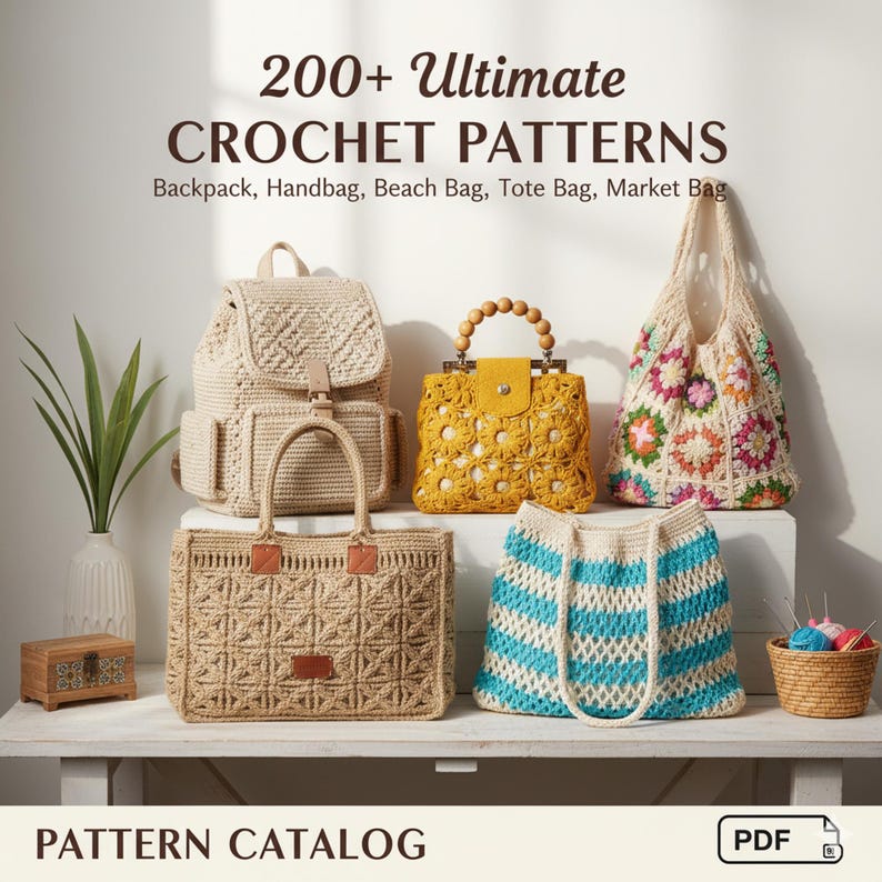Pode incluir: Uma cole&ccedil;&atilde;o de bolsas de croch&ecirc;, incluindo uma mochila, uma bolsa de m&atilde;o e uma bolsa de mercado, em v&aacute;rias cores e designs. A imagem apresenta o texto "200+ Ultimate CROCHET PATTERNS" e "PATTERN CATALOG".