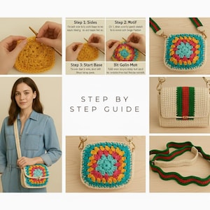Pode incluir: Um guia passo a passo para fazer croch&ecirc; em uma bolsa quadrada colorida. A imagem mostra a bolsa em v&aacute;rios est&aacute;gios de conclus&atilde;o, com close-ups do trabalho de croch&ecirc; e do produto finalizado. A bolsa tem formato quadrado com um design colorido.